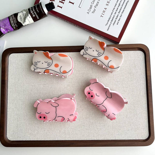 Pink Pig & Cat Acetate Hair Claw Clip for Girls_CWAHA5974