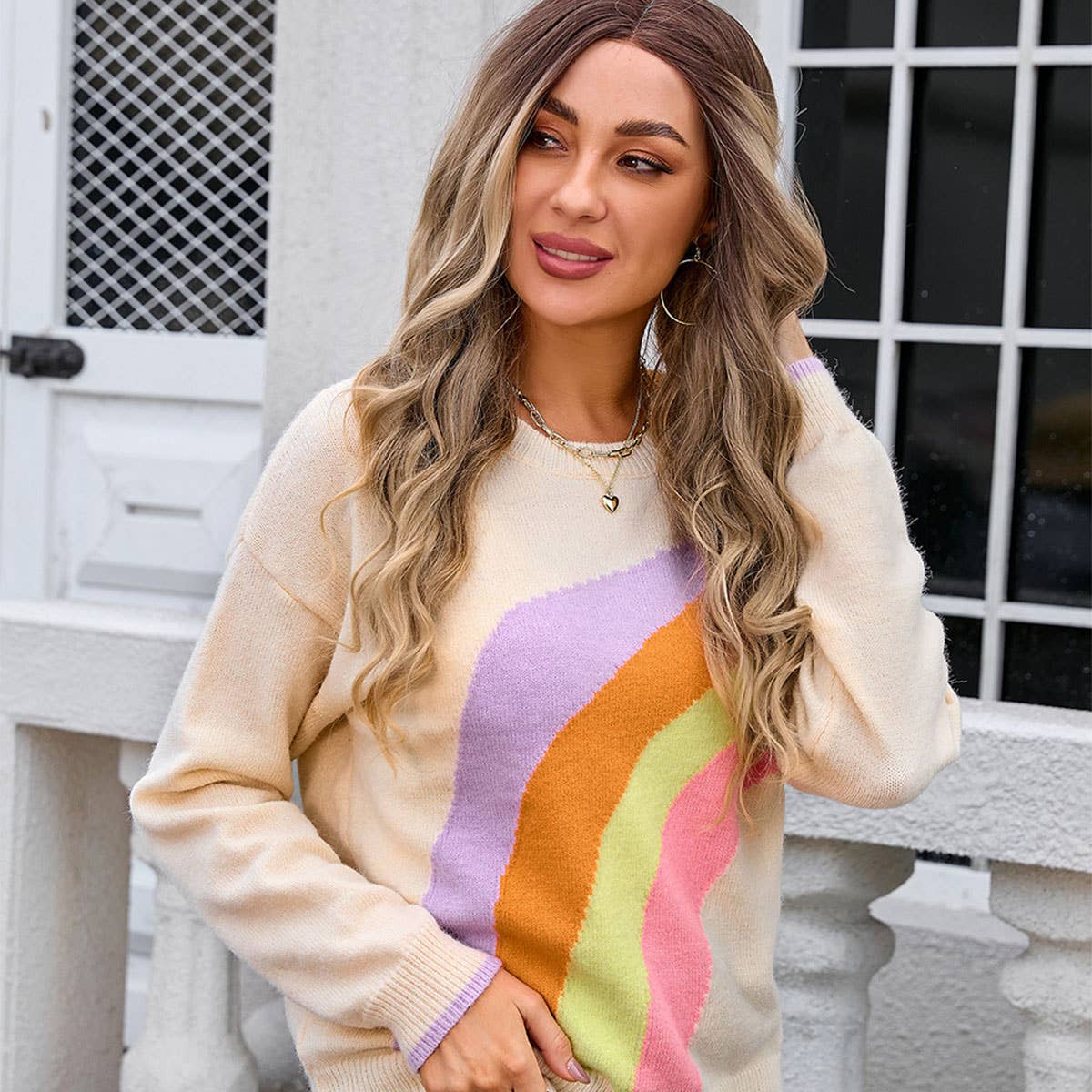 Patchwork Knitted Sweater With Rainbow Stripes