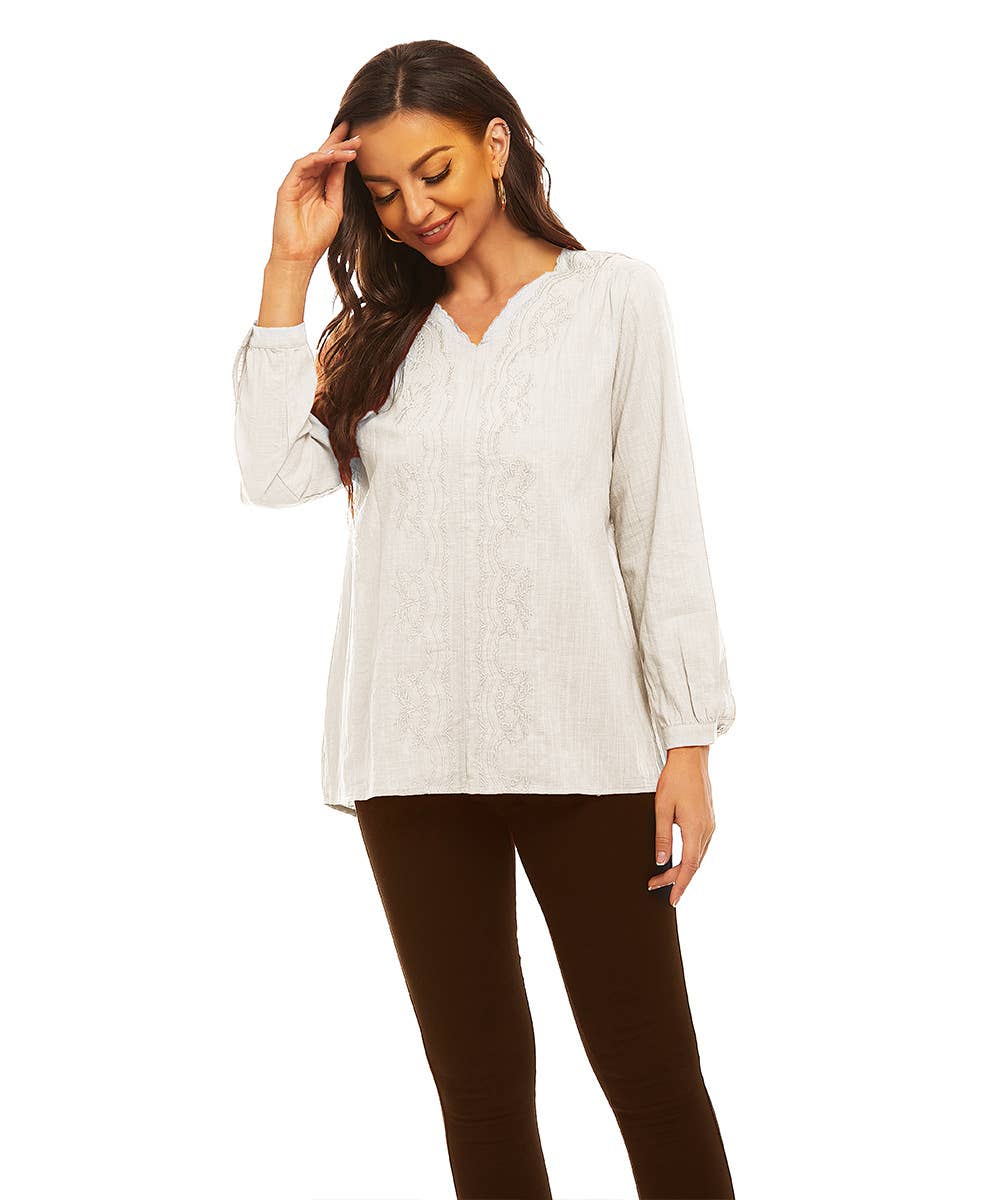 SOLID COLOR V-NECK COTTON LINEN LOOSE CASUAL TOP