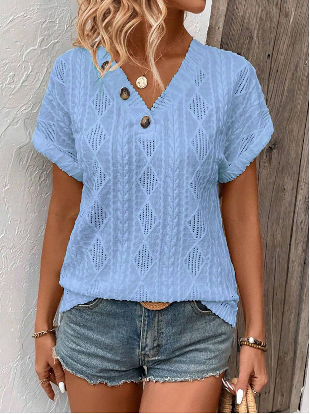 V-neck solid color loose short-sleeved T-shirt
