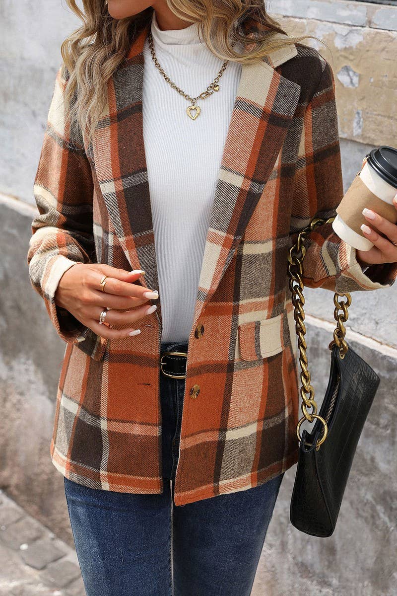 CWOCO0651_CHECK VINTAGE BUTTON LAPEL BLAZER