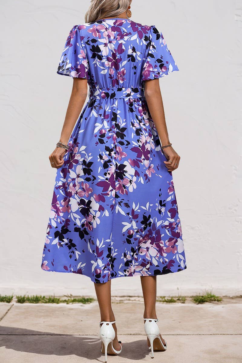 CWDMD4669_SUMMER RETRO PRINT LACE-UP WRAP V-NECK DRESS