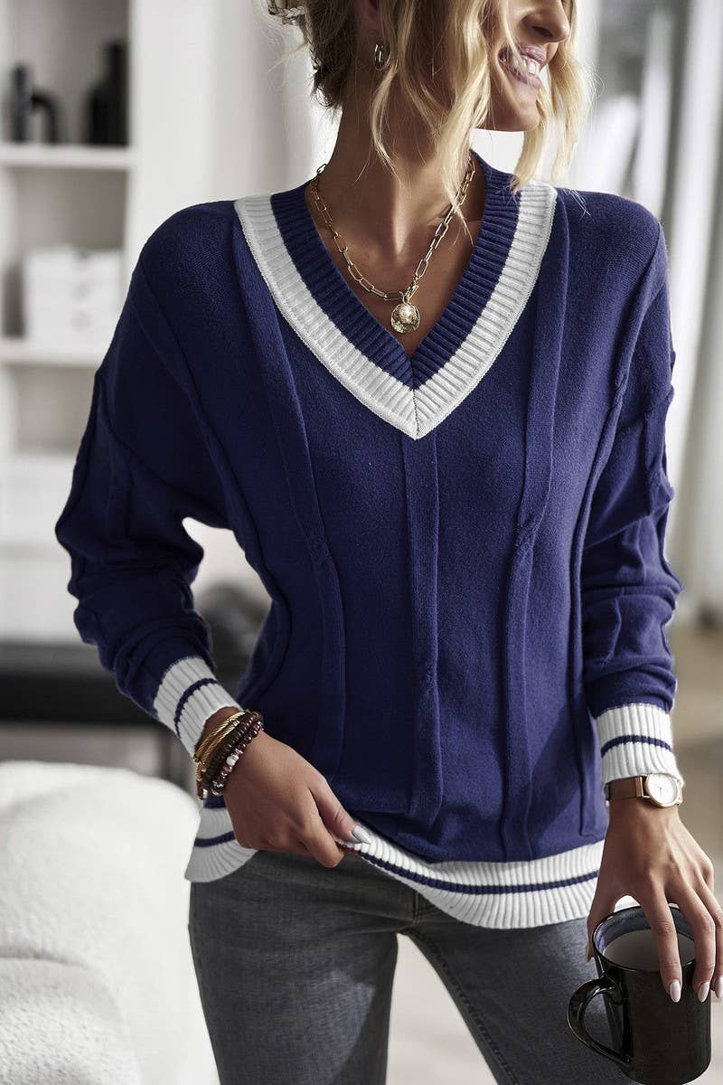 CWOSWL07520_MINIMAL V-NECK COLORBLOCK KNIT SWEATER