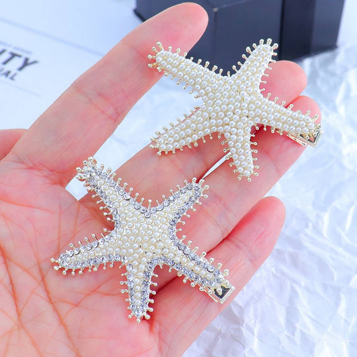 PEARL STARFISH HAIRPIN RHINESTONE SIDE CLIP_CWAHA4703