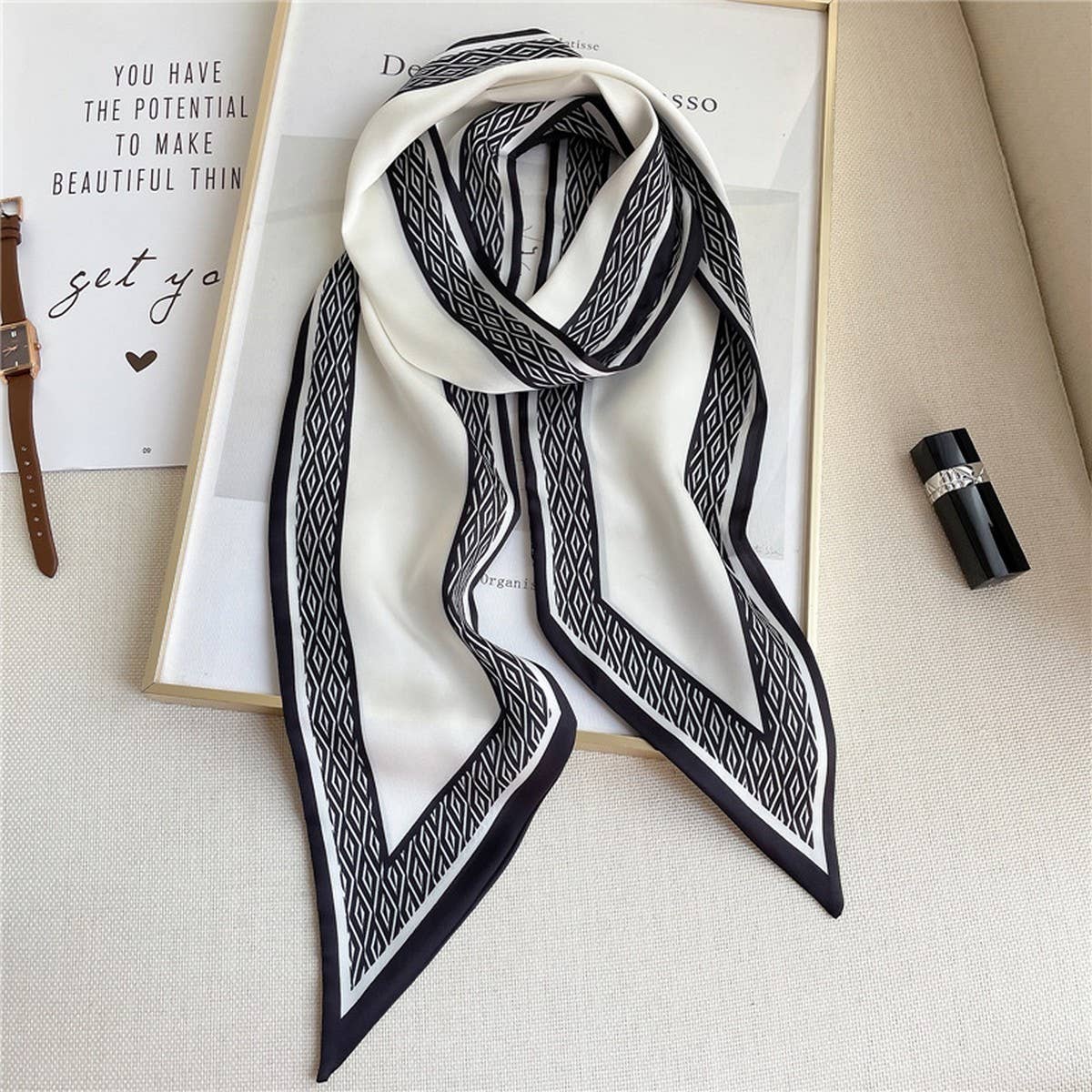 THIN SIMPLE GEOMETRIC LONG SILK HEAD SCARF