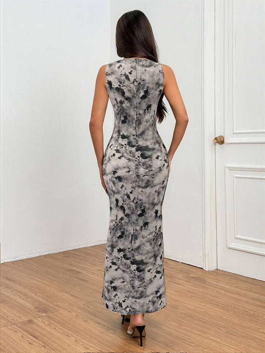 Round neck waistband long leopard print dress