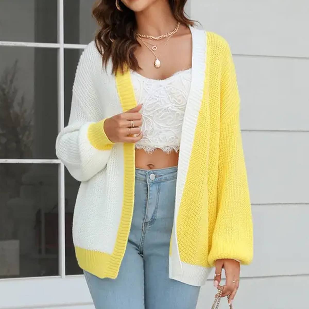 Patchwork Color Combination Fashion Knit Cardigan