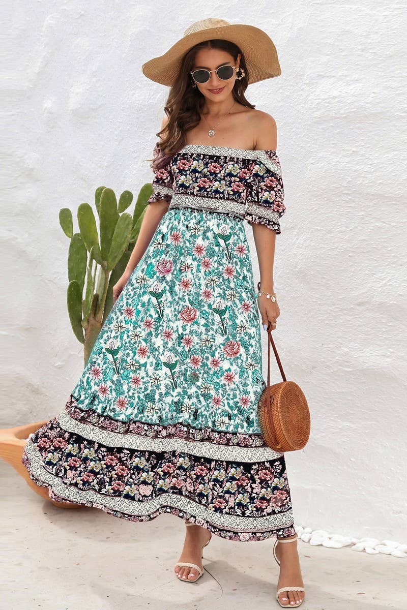CWDMD2149_PRINTED ONE SHOULDER PUFF SLEEVE MIDI DRESS