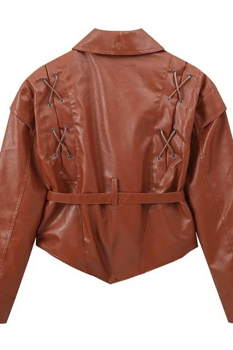 CWOCO1063_VINTAGE CASUAL LACE-UP FAUX LEATHER JACKET