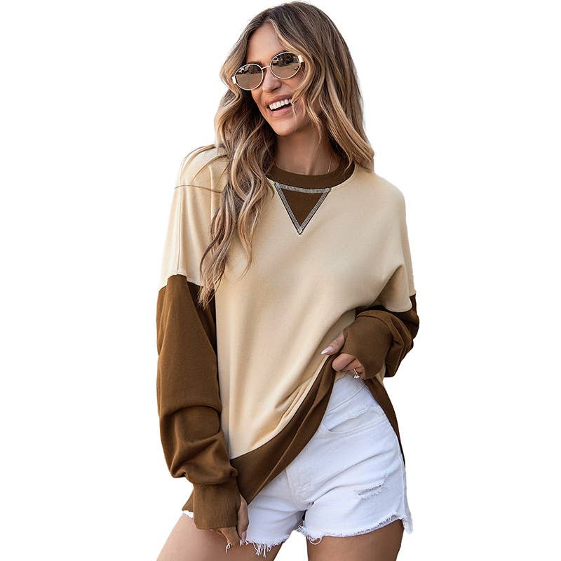 Two-tone round-neck loose pullover hoodie