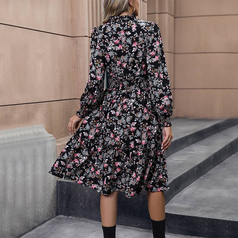 Long sleeve belted floral dress