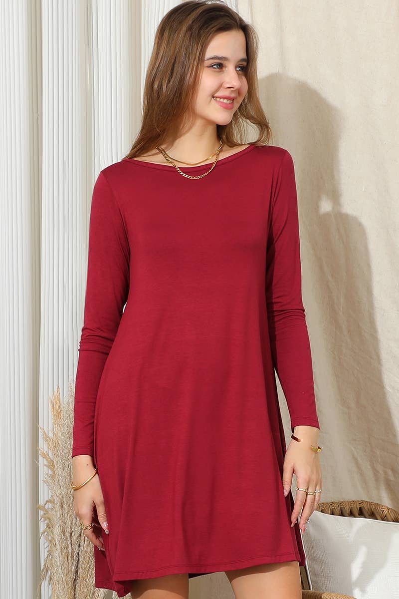 CWDSD10398_LONG SLEEVE WIDE ROUND NECK LOOSE FIT DRESS