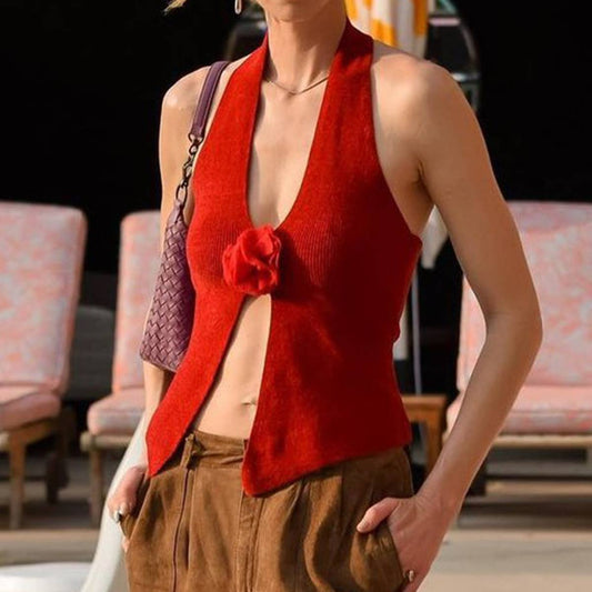 Sexy woolen off-the-neck solid-color low-cut vest