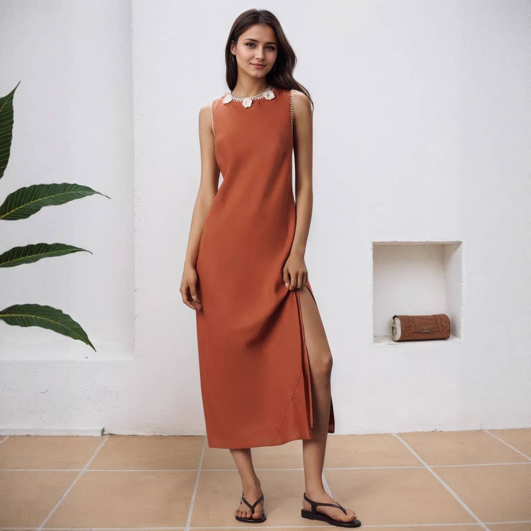 Round-neck embroidered flower pearl evening dress