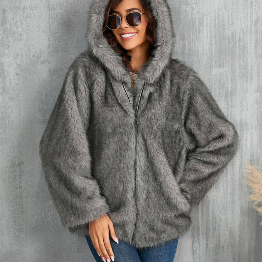 Loose Fit Faux Fur Coat Women Hooded Short Winter