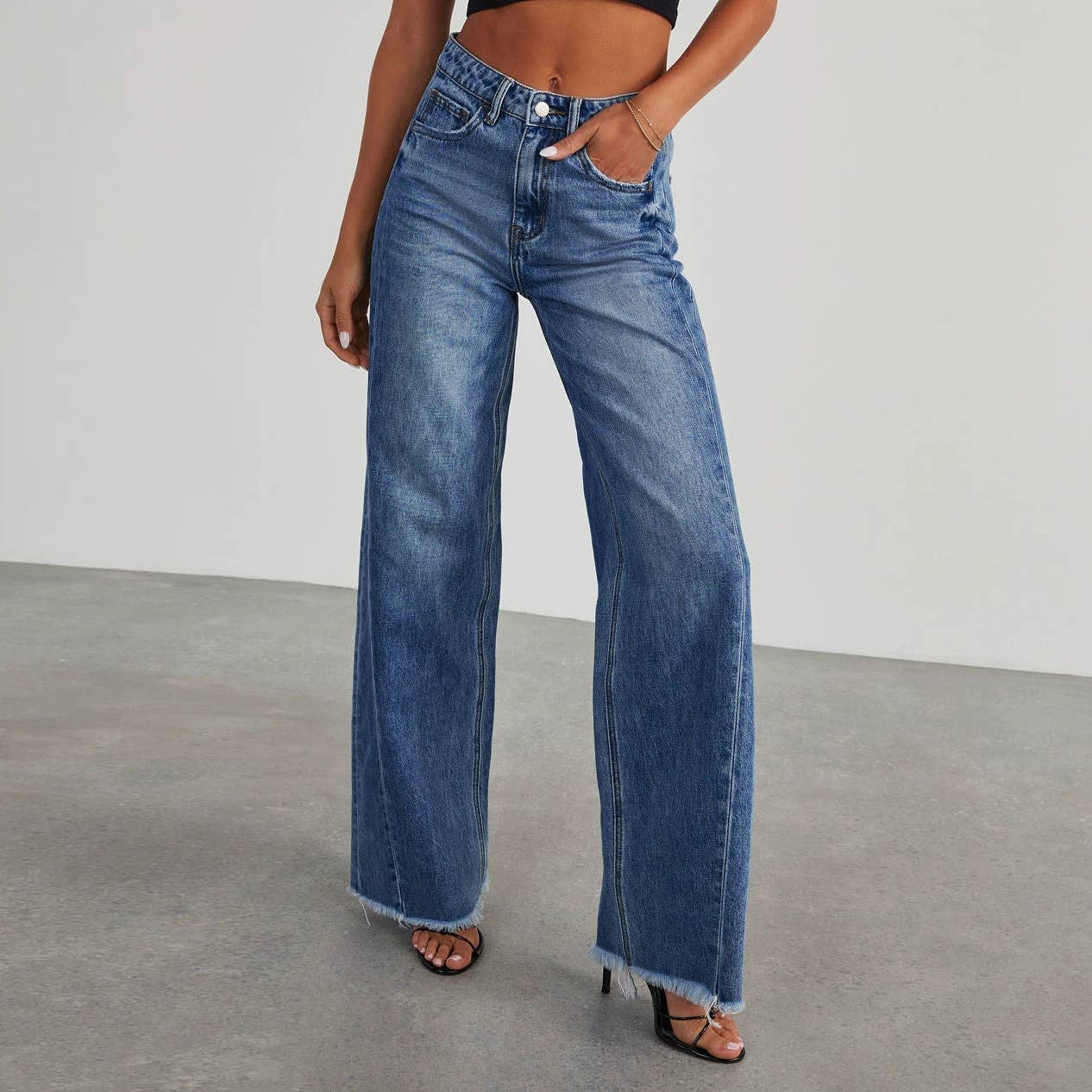 Washed loose casual straight-leg wide-leg jeans