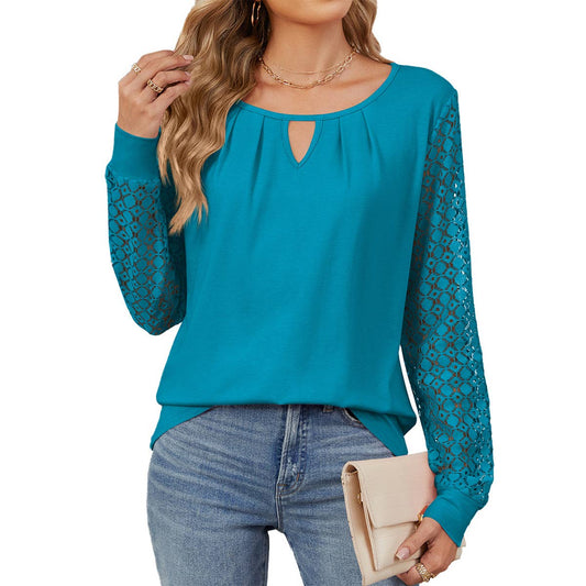 ROUND NECK CUTOUT LACE LONG SLEEVE CASUAL T-SHIRT