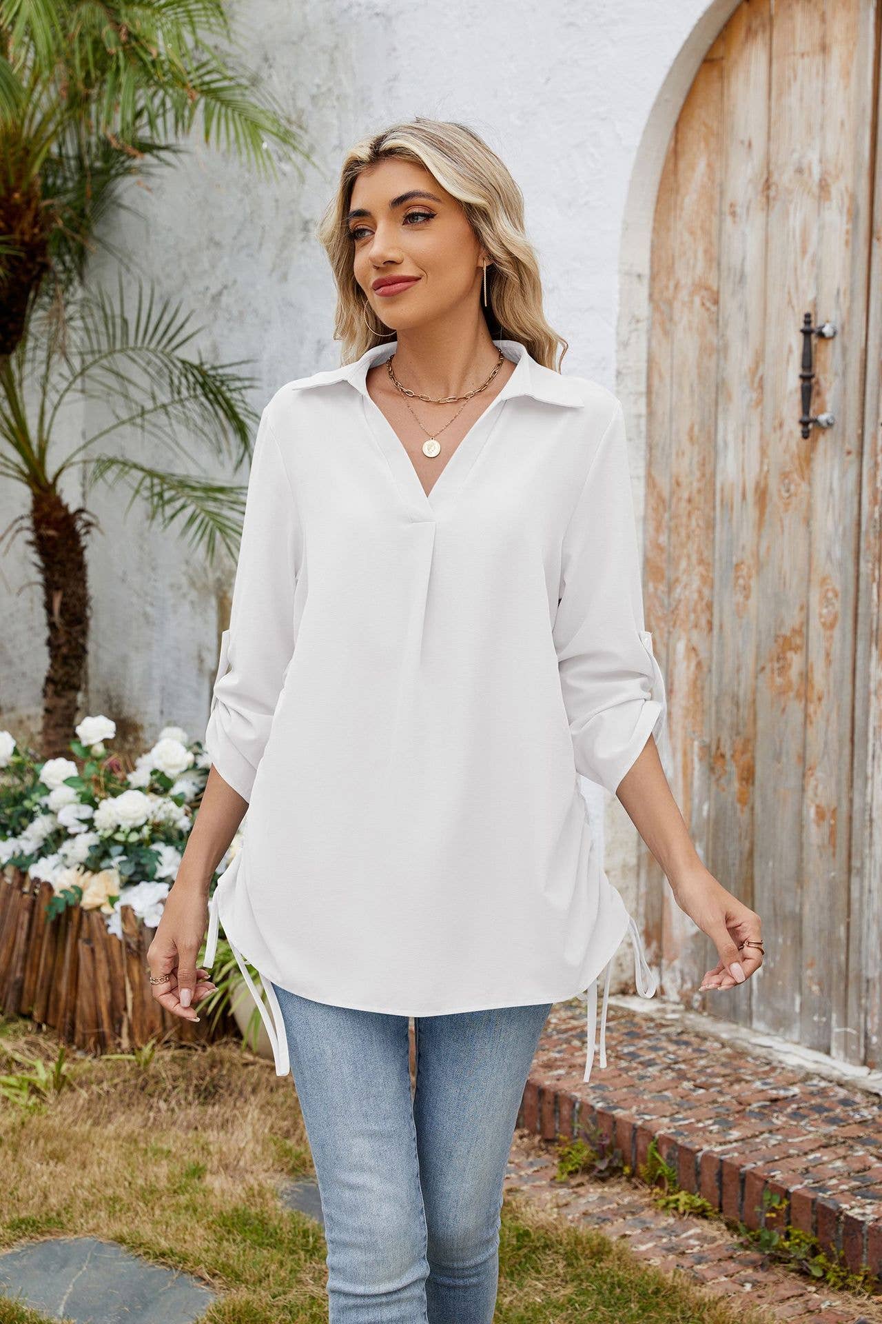 Solid color lapel loose mid-sleeved chiffon shirt