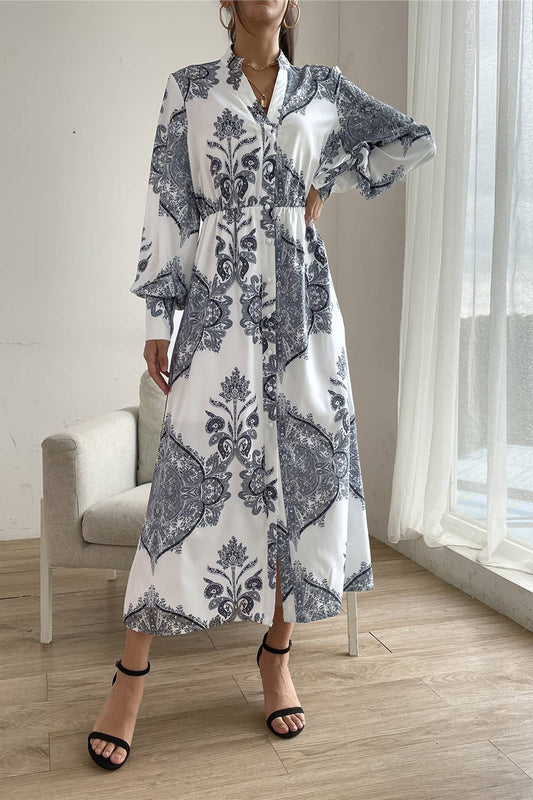 PRINTED V-NECK LONG SLEEVE LONG DRESS