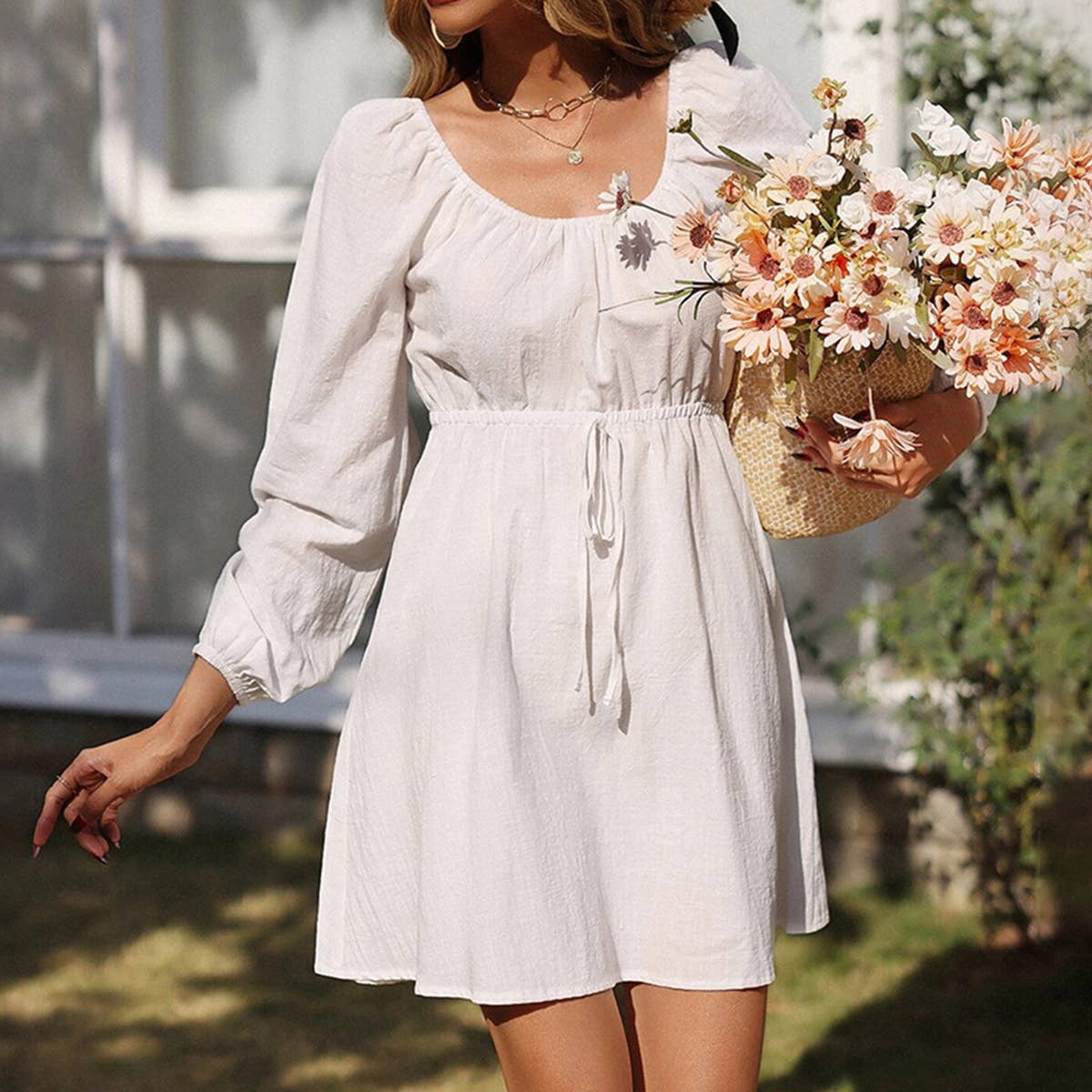 Square neck and a tight waist loose casual dress