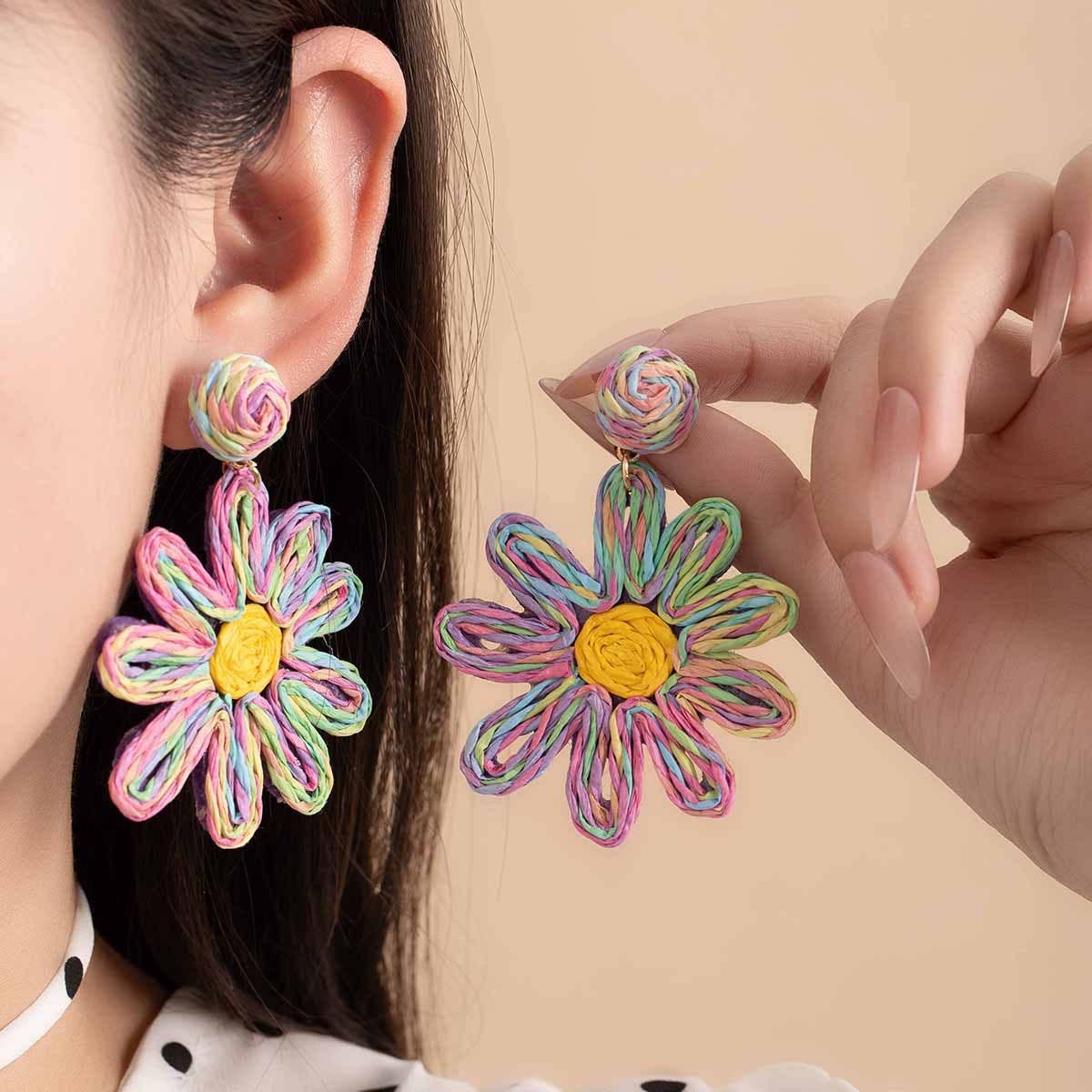 Vacation style raffia woven flower earrings