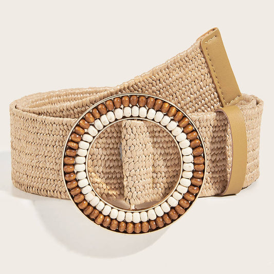 HAND-EMBELLISHED ROUND BUCKLE STRAW BELT_CWABE0439