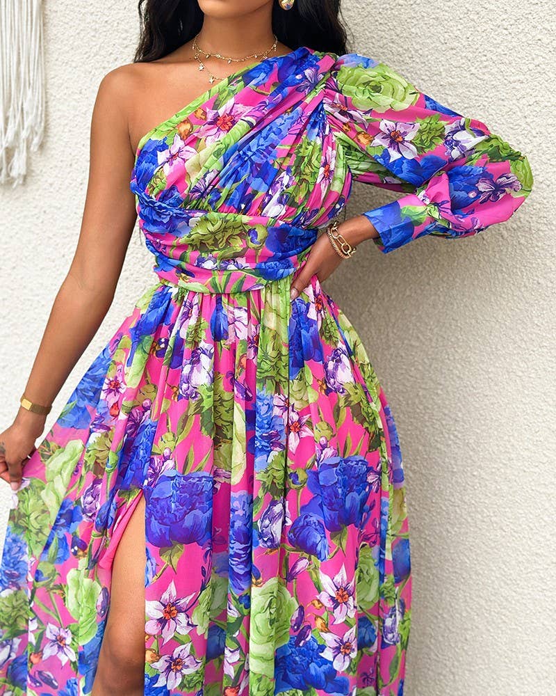 Off-the-shoulder lantern sleeve printed dress