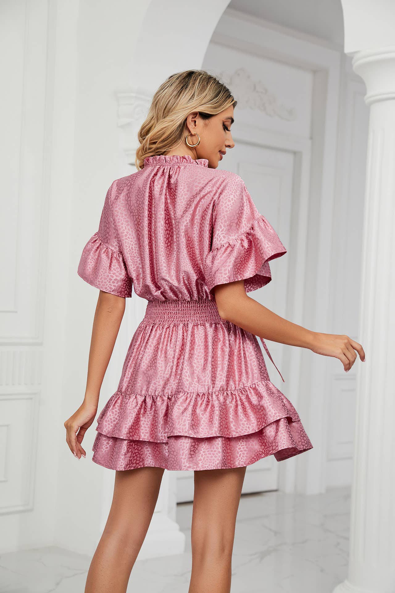SATIN WAISTLINE V-NECK RUFFLED SKIRT DRESS