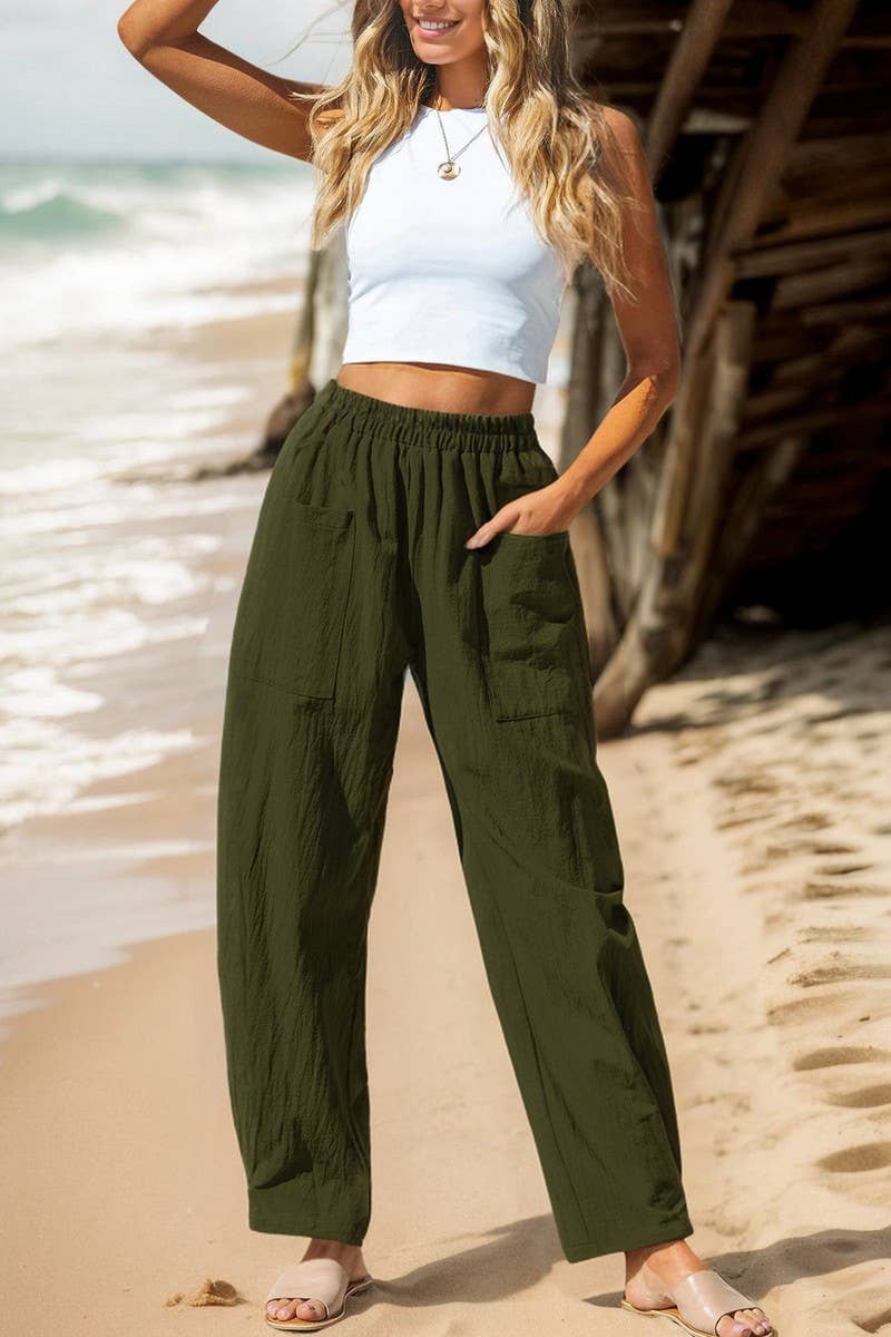 CWBLP01074_2025 WOMEN LINEN COTTON CASUAL PANTS ELASTIC WAIS