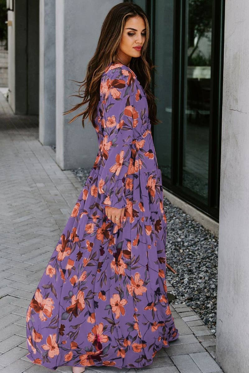 CWDMD2958_RUFFLED TIERED LONG-SLEEVED V-NECK FLORAL DRESS