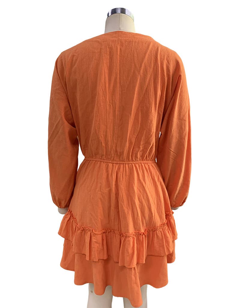 LONG SLEEVE SOLID COLOR COTTON LINEN DRESS