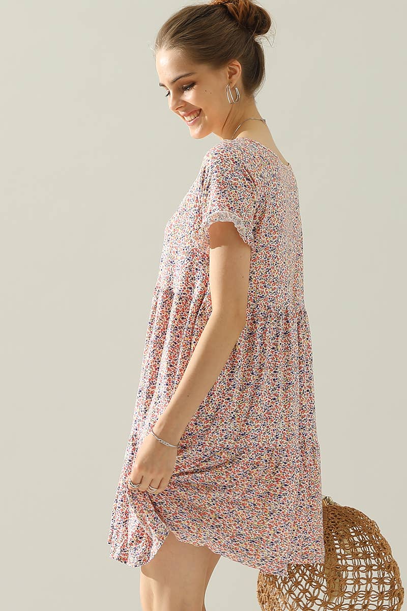 CWDSD10410_V NECK BUTTON DOWN WITH RUFFLE SLEEVE DRESS