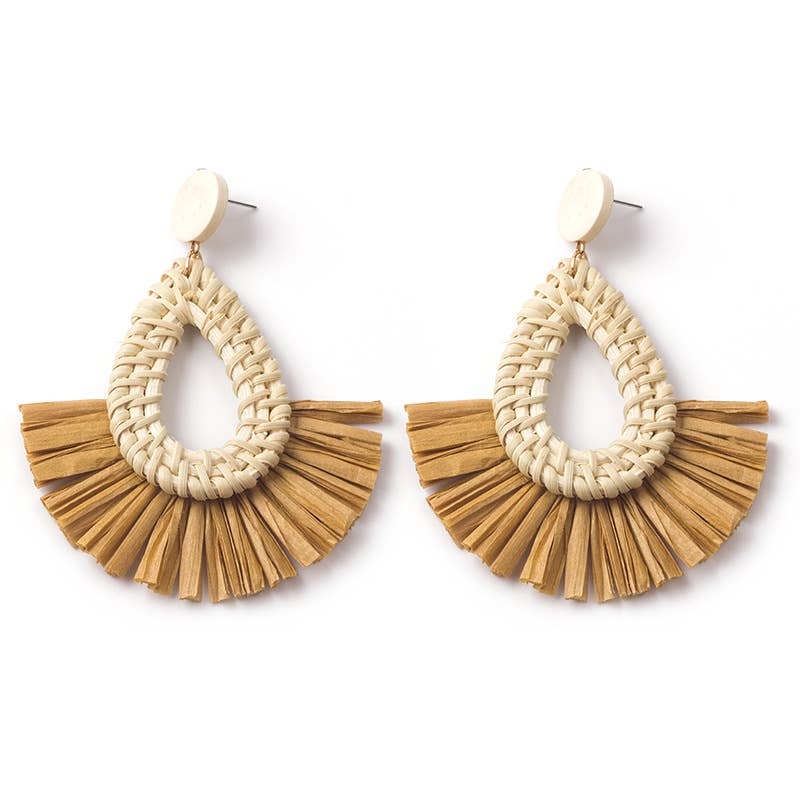 Hand-woven geometric rattan raffia earrings
