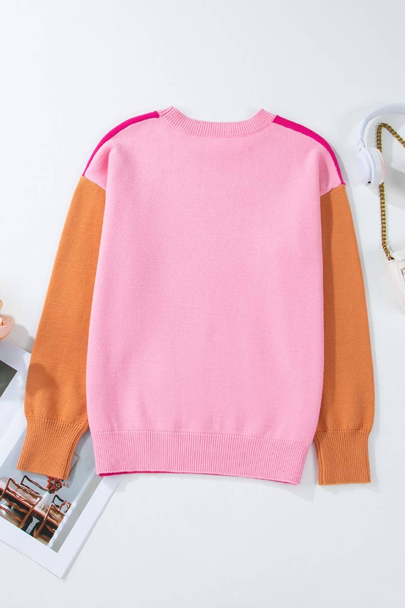 FASHION CONTRAST COLOR PATCHWORK CREWNECK SWEATER