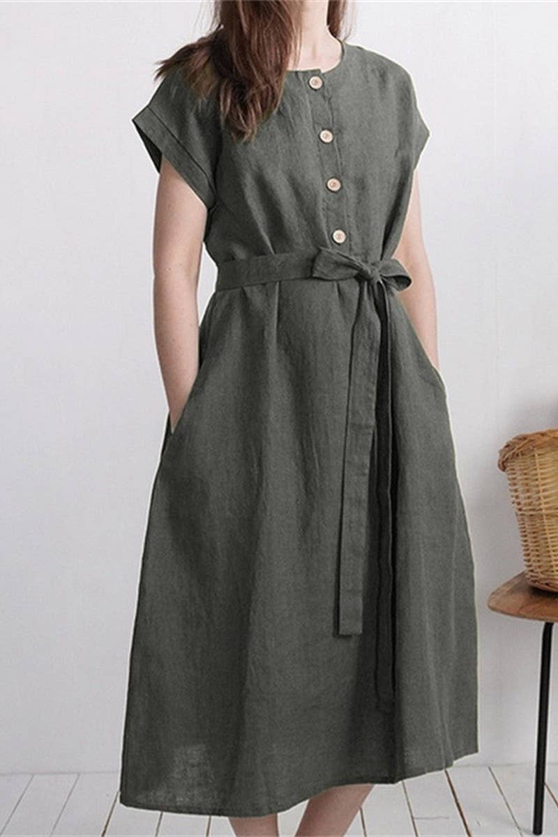 CWDMD3164_COTTON AND LINEN LACE-UP SINGLE-BREASTED DRESS