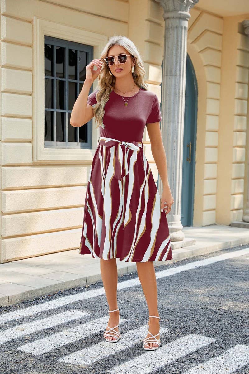 CWDSD3112_Round Neck Short Sleeve Contrast Print Dress
