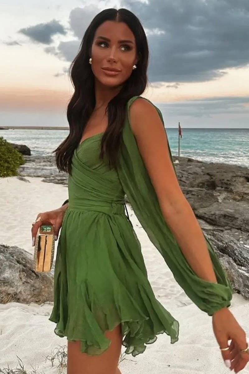 CWDSD6602_SOLID COLOR OFF-SHOULDER SLEEVES V-NECK DRESS