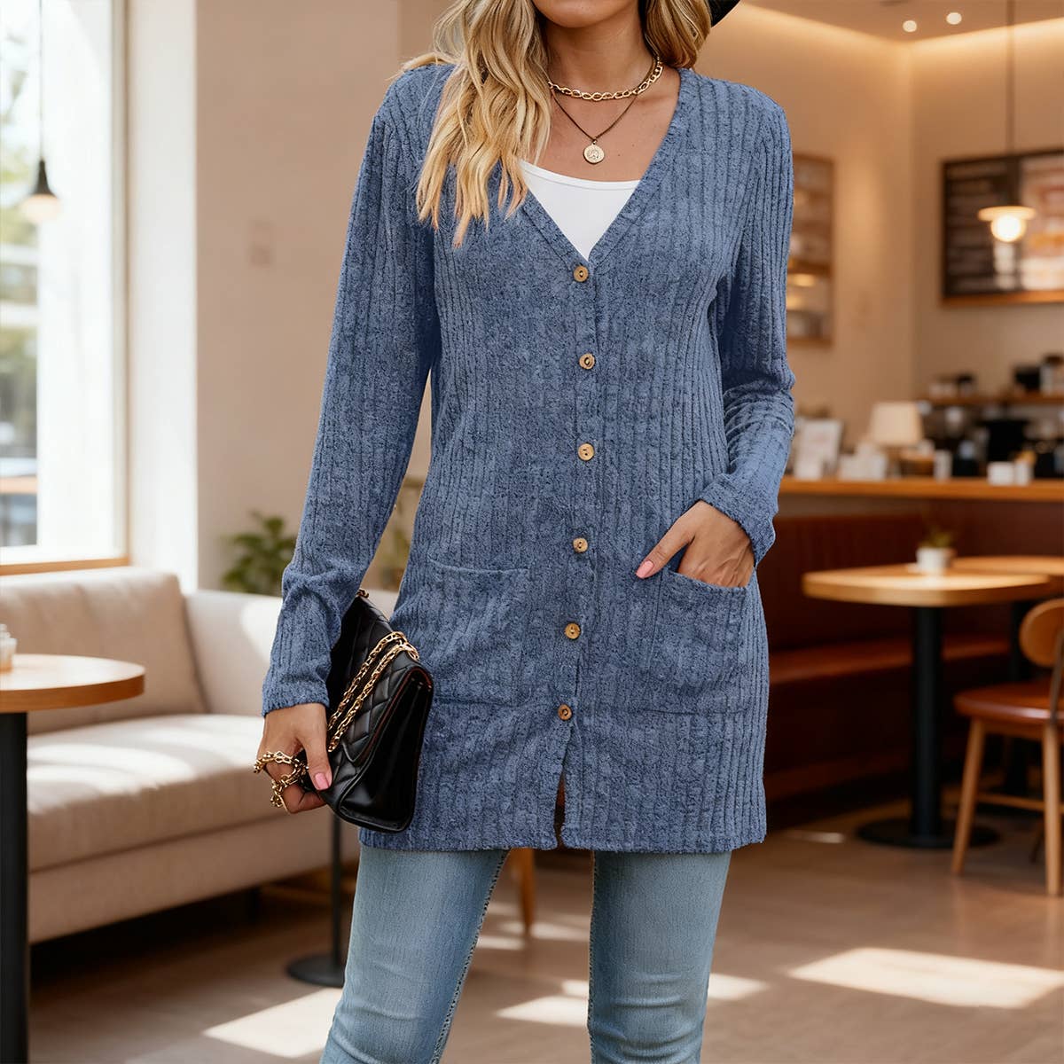 Single - buttoned V-neck pit strip cardigan