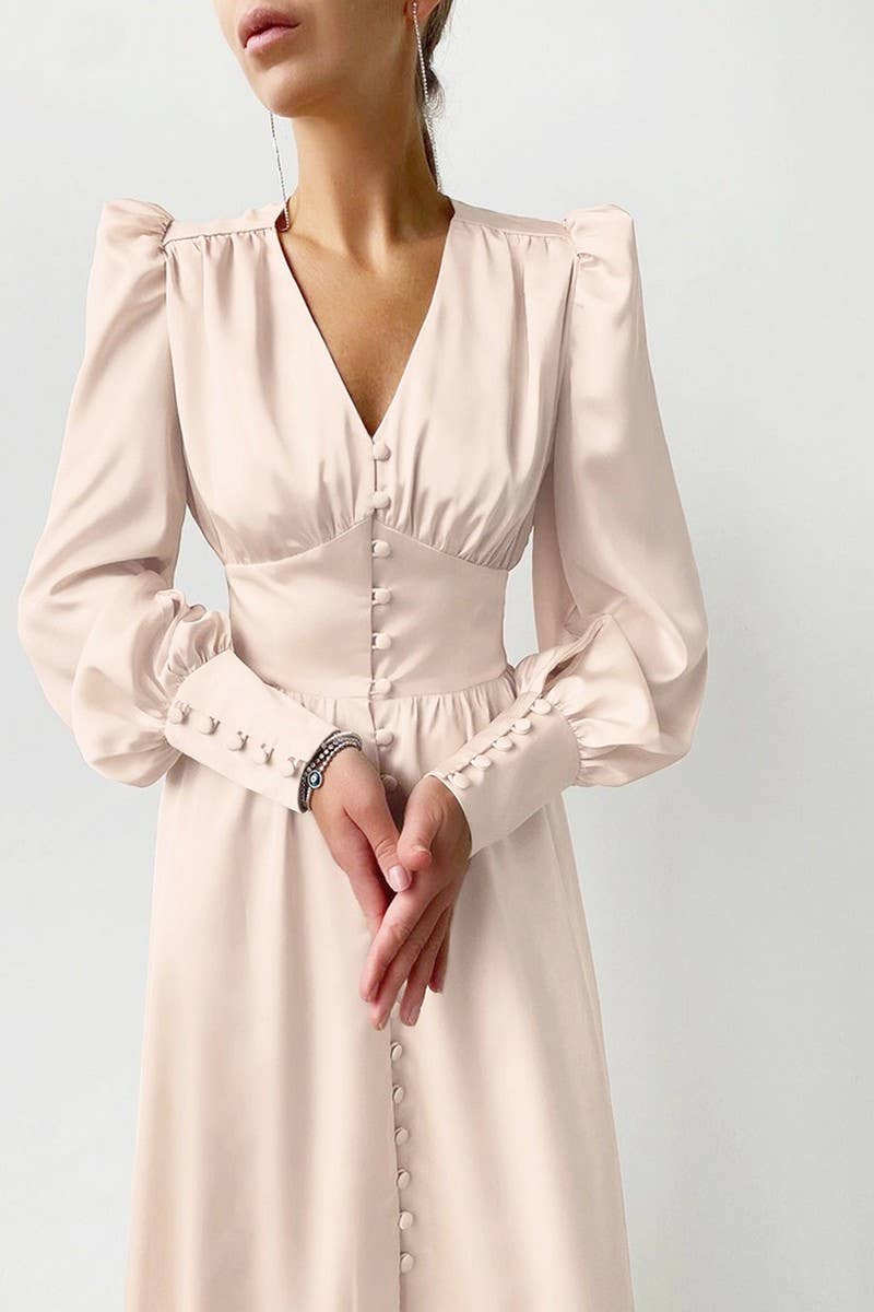 CWDMD4255_V-NECK SATIN PALACE RETRO LONG SLEEVE DRESS