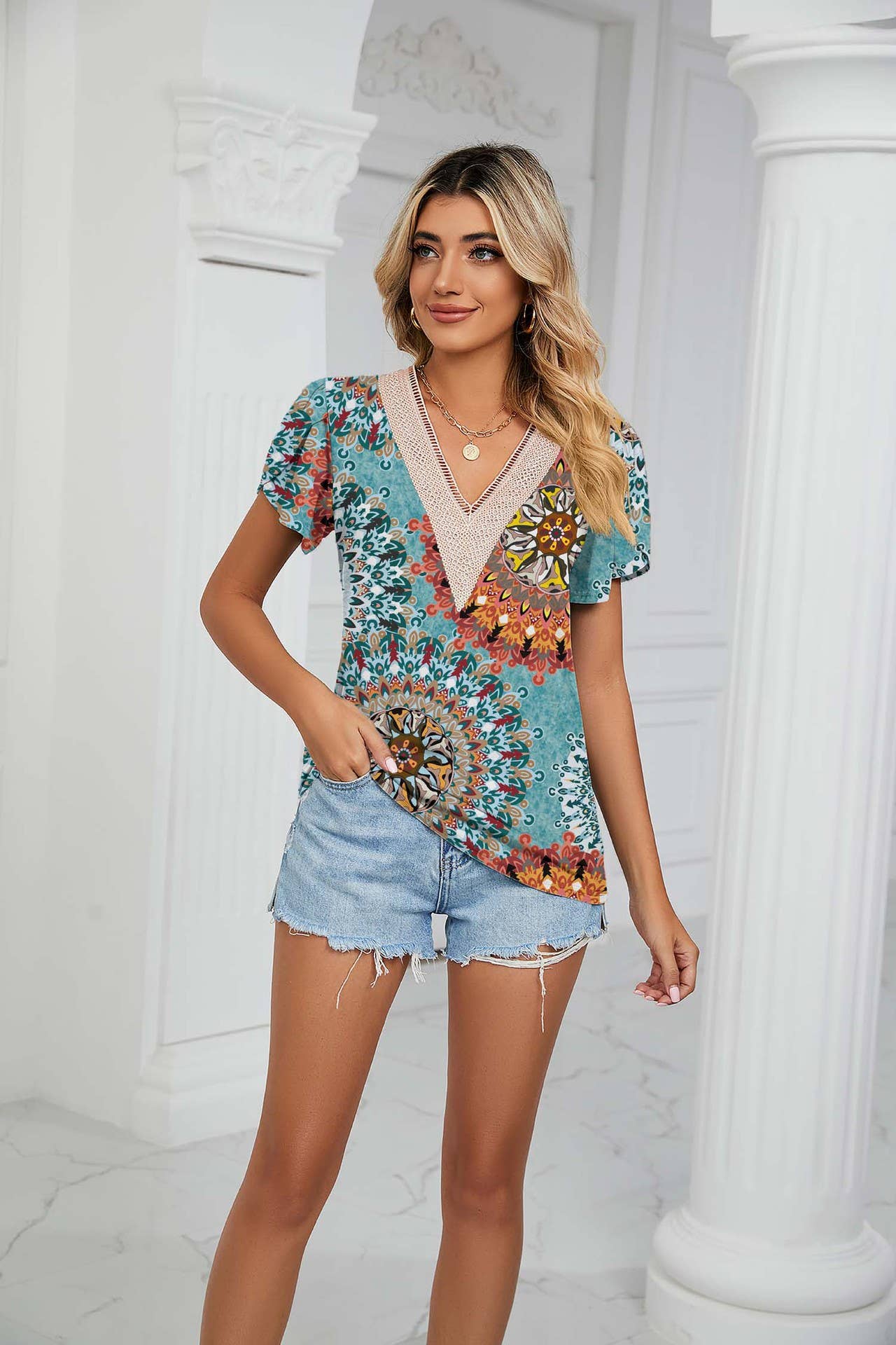 V-neck printed petal-sleeve loose pullover shirt