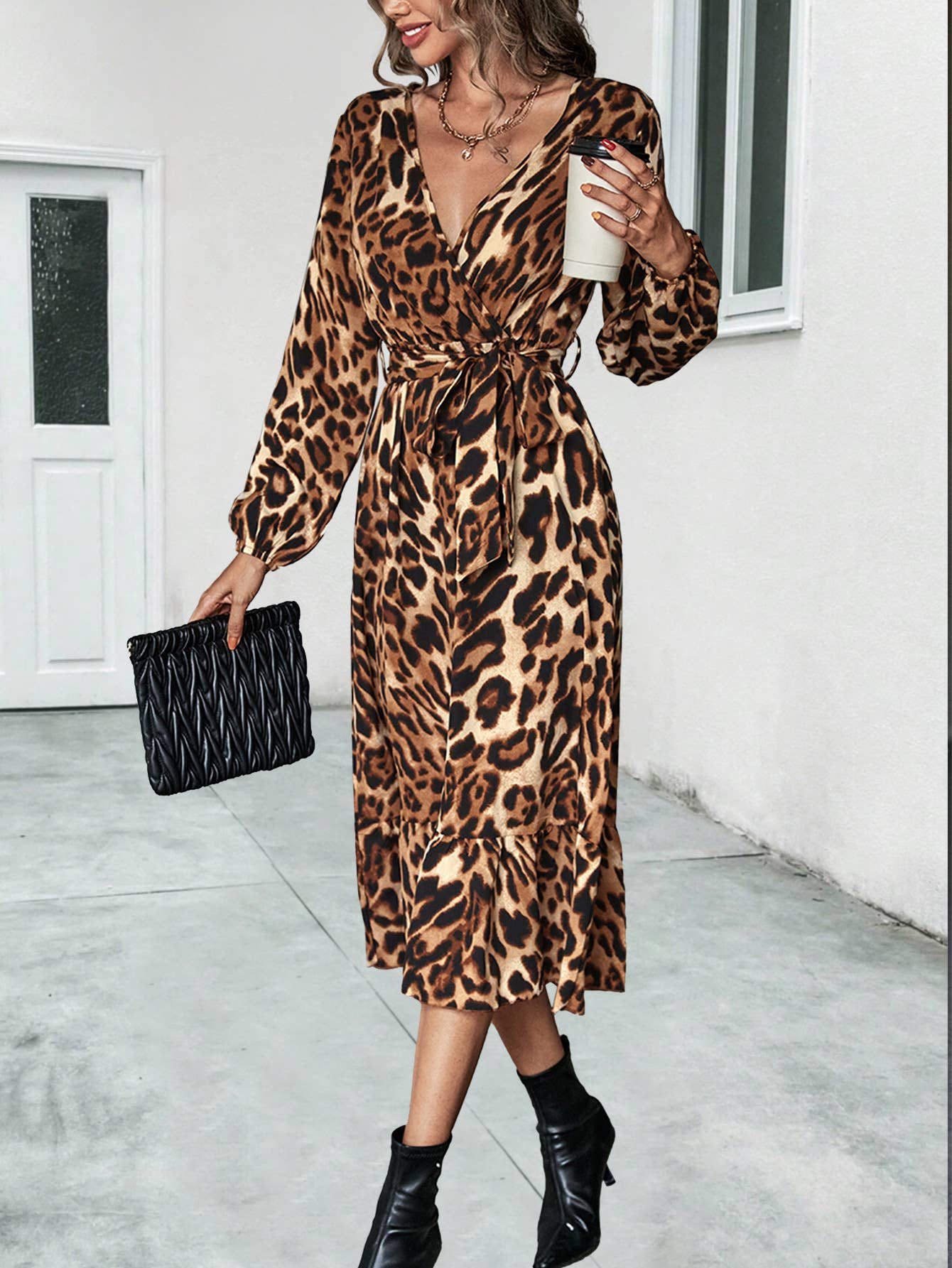 V-NECK LONG SLEEVE LEOPARD PRINT LONG DRESS
