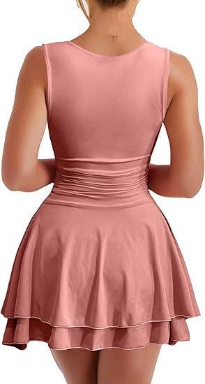 Mini dress with square neck waist pleated hem