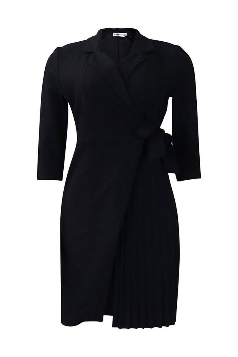CWDSD3574_PLUS SIZE SUIT COLLAR STRAPPED PLEATED SHORT DRESS