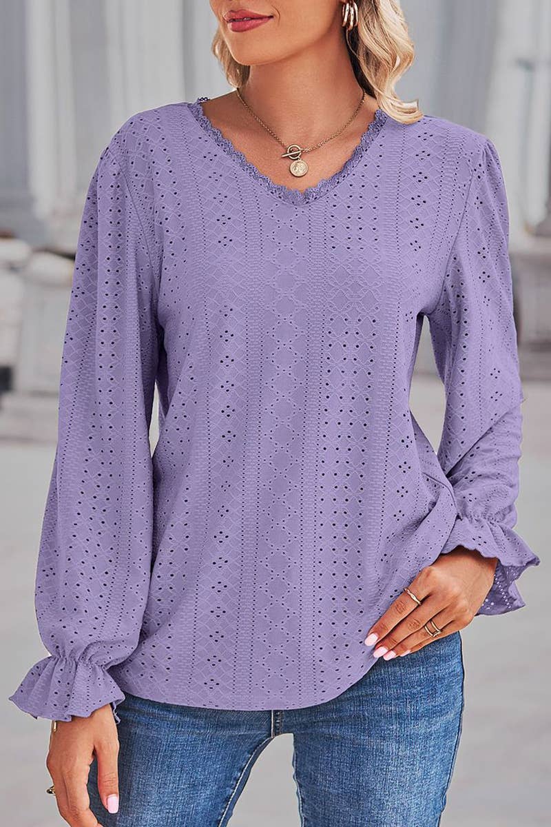 WOMEN LACE TRIM NECK EYELET LONG SLEEVE SHIRT TOP_CWTSTL0301