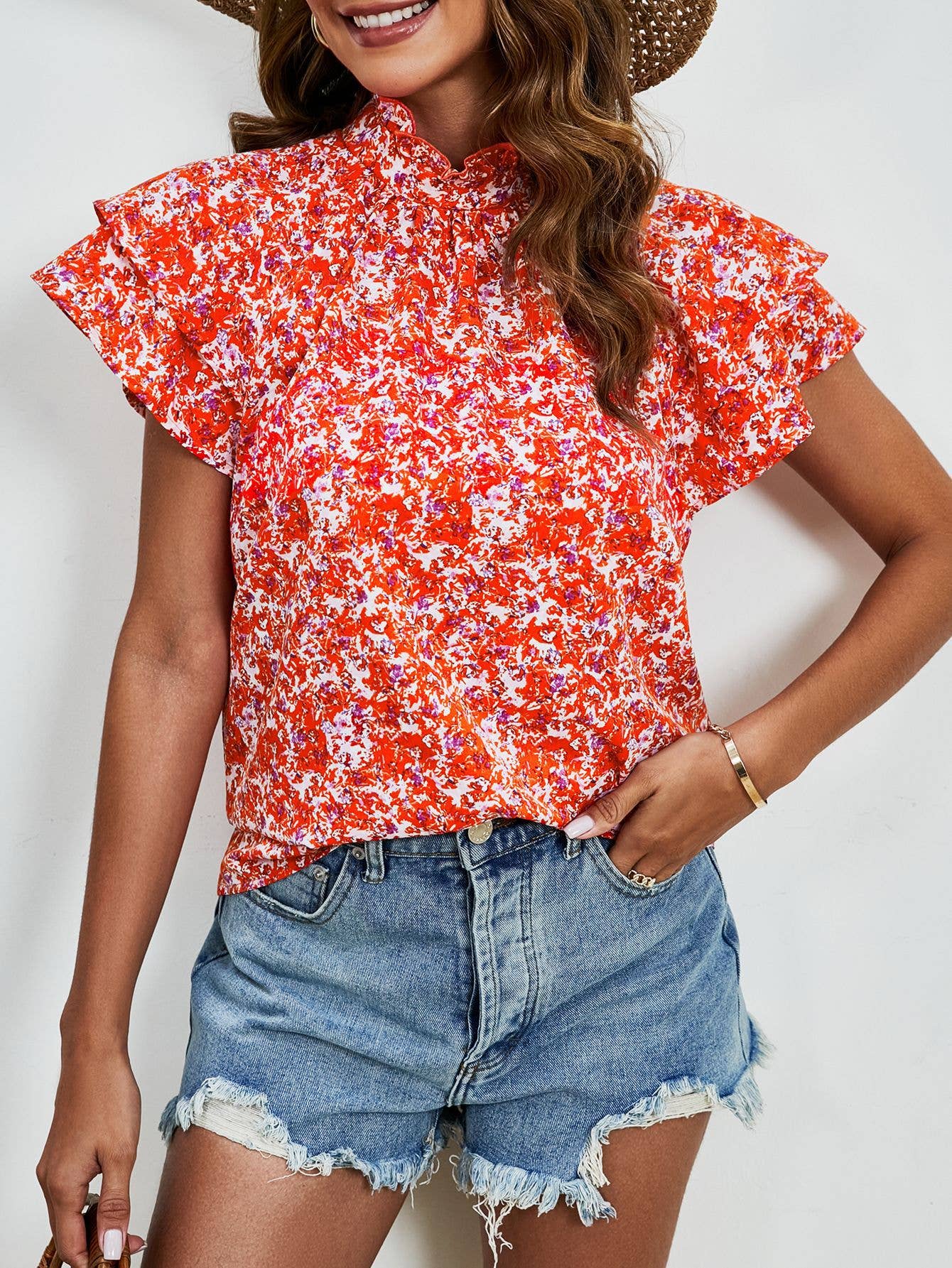 DOUBLE-SLEEVED LOOSE PRINTED SHORT-SLEEVED TOP