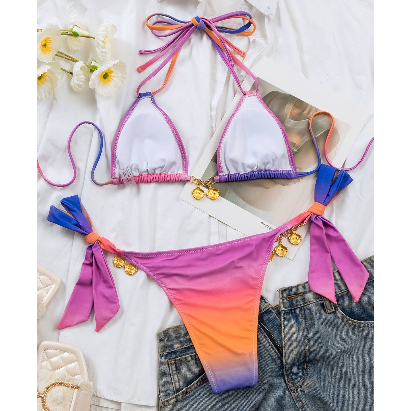 Gradient Bikini Set - Sexy Shell Detail Swimsuit