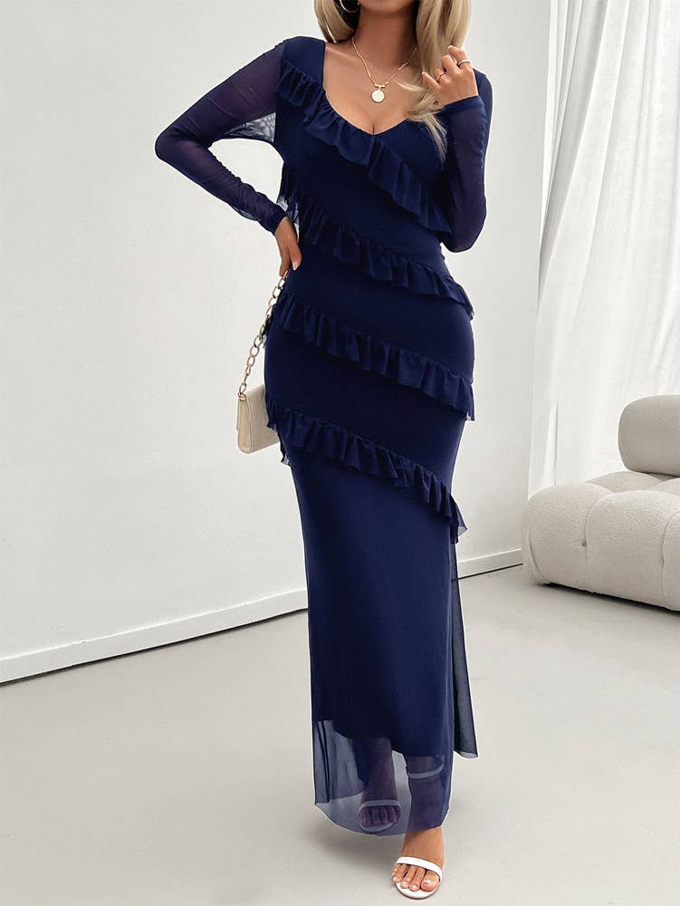LONG SLEEVE TEMPERAMENT SLIM MESH V-NECK DRESS