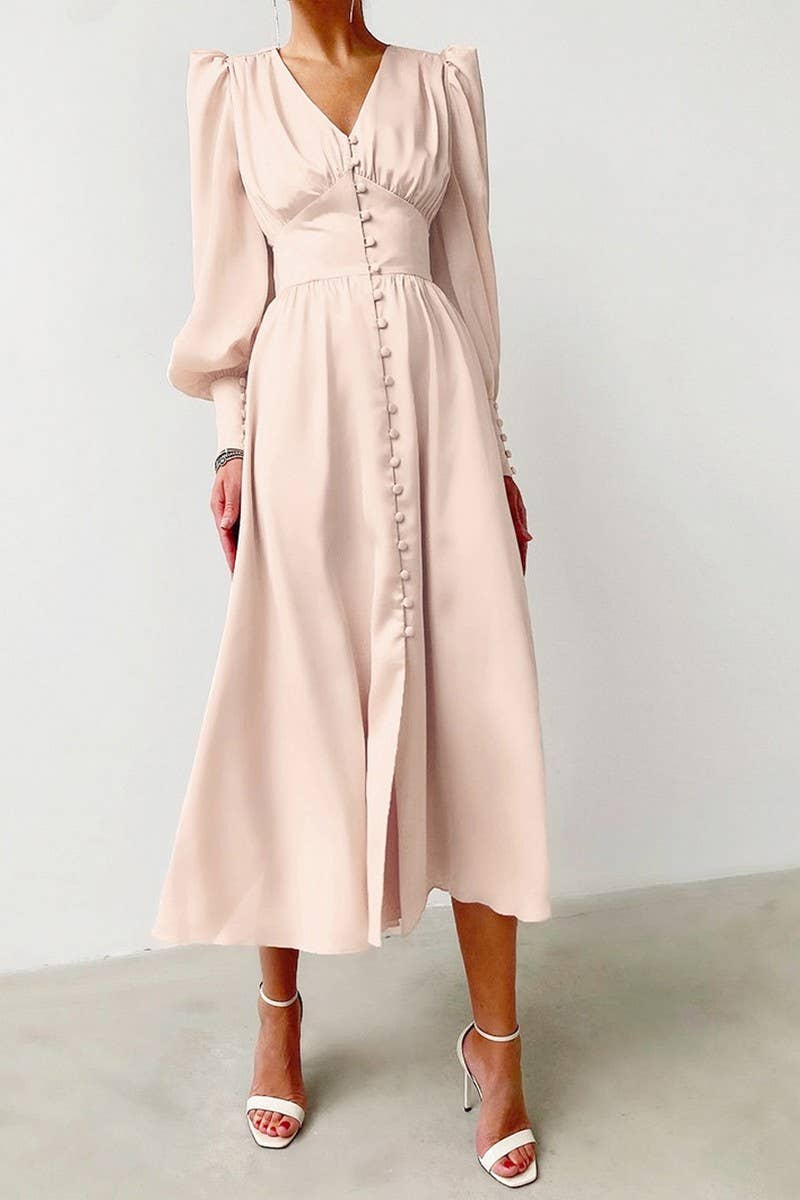 CWDMD4255_V-NECK SATIN PALACE RETRO LONG SLEEVE DRESS