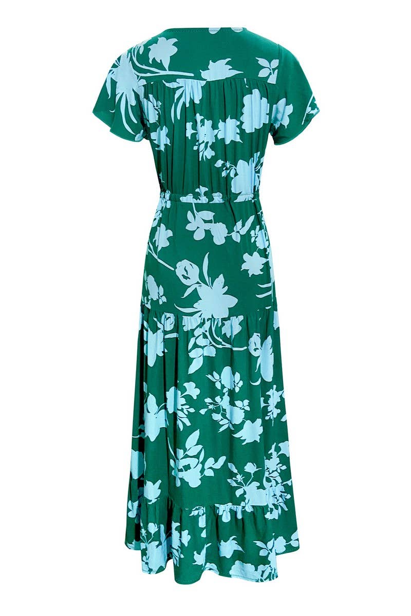 CWDMD2767_V-NECK FLORAL PRINT BUTTON-DOWN LONG DRESS