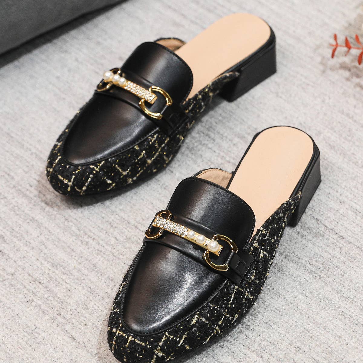 WOMEN SINGLE SHOES ROUND TOE RHINESTONE MULES